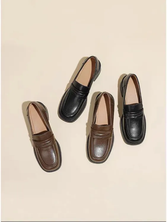 真皮时尚乐福鞋女新款方头软面粗跟百搭复古舒适单鞋