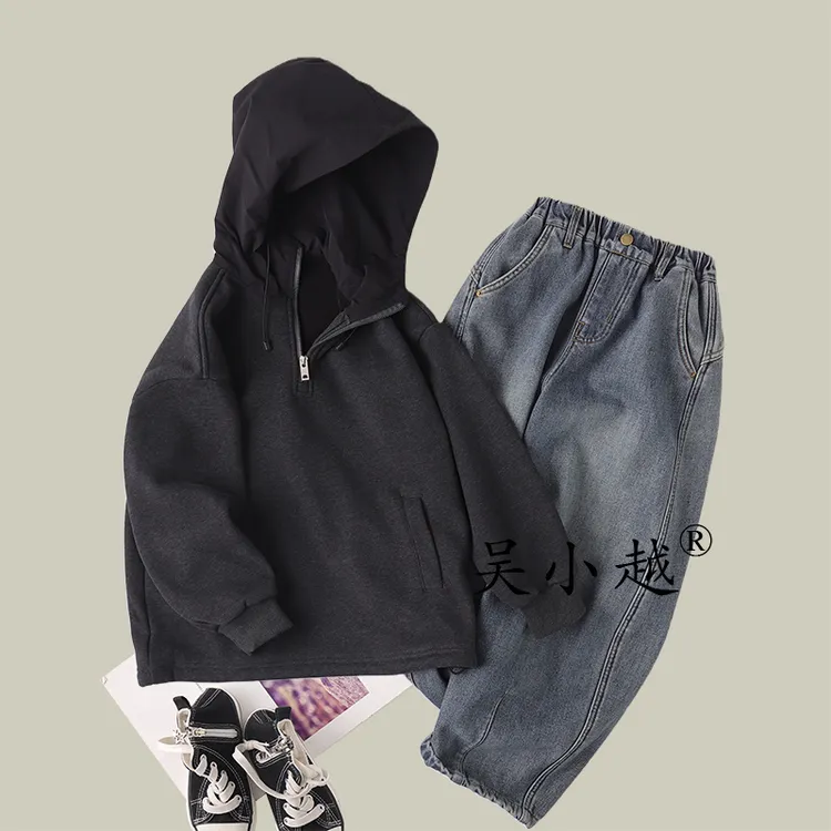 吴小越w1796男童连帽加绒卫衣秋冬新款韩版宽松儿童上衣男孩冬装