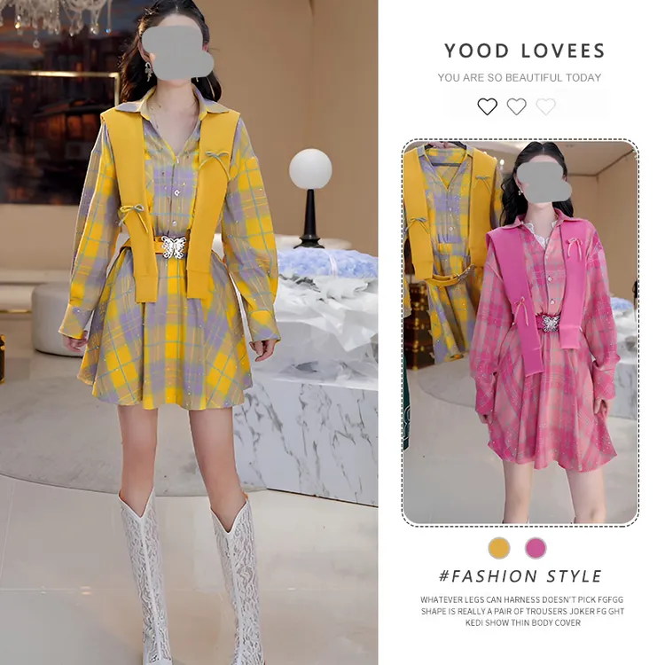 2025春秋新款时尚百搭洋气格子长袖连衣裙女设计感披肩洋气套装潮