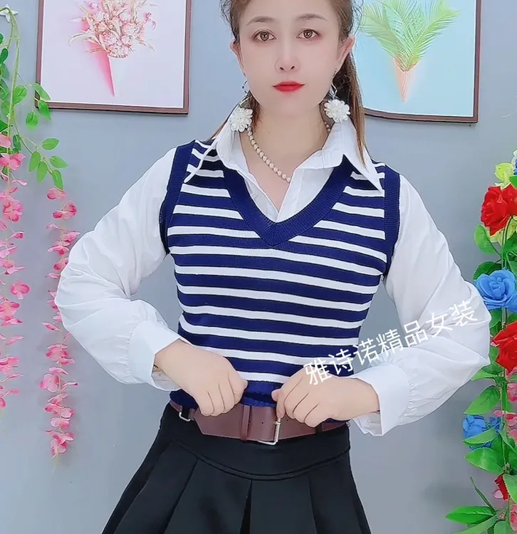 长袖条纹针织衫马甲假两件衬衫女秋装设计感小众超短款小个子上衣