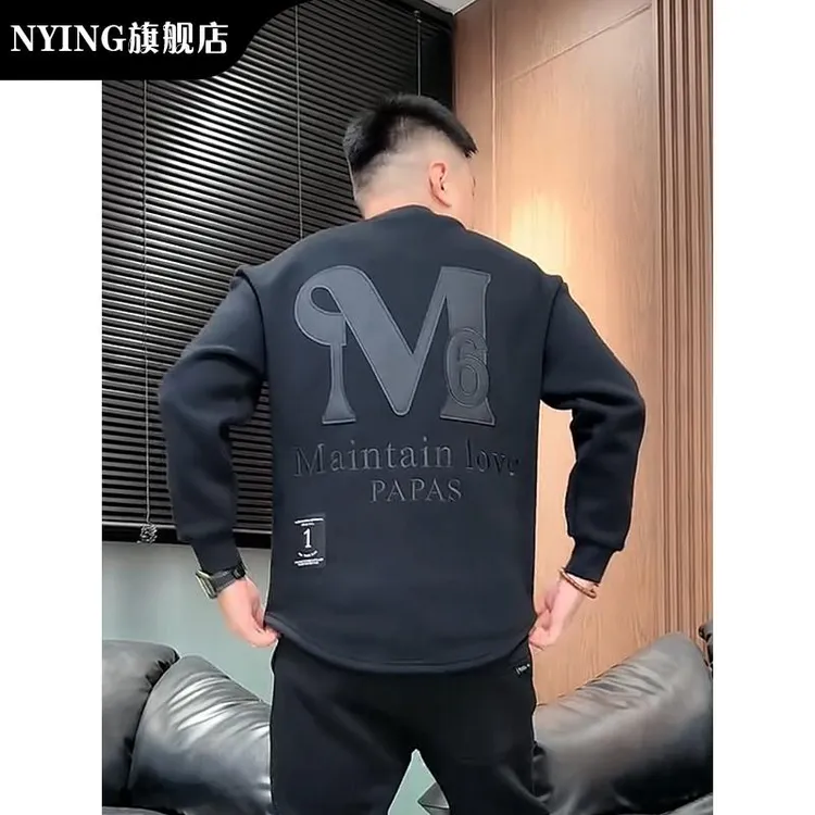 NYING2025秋冬季新款时尚圆领运动衫男补丁刺绣宽松休闲长袖上衣