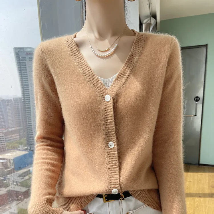 秋冬新款山羊绒开衫女V领宽松显瘦针织打底衫百搭毛衣羊毛衫外套