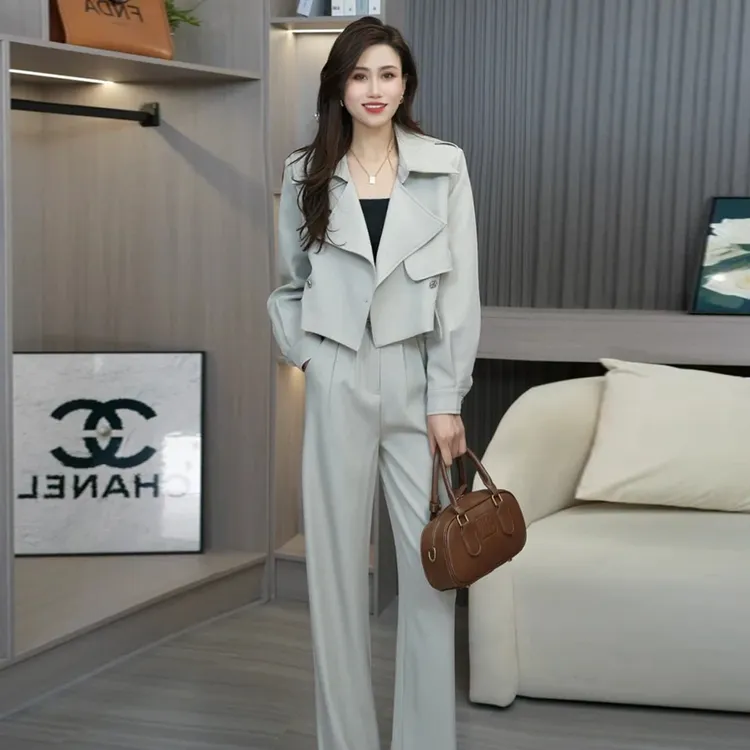 时尚洋气质高级感套装女春新款短款风衣外套阔腿裤职业休闲两件套