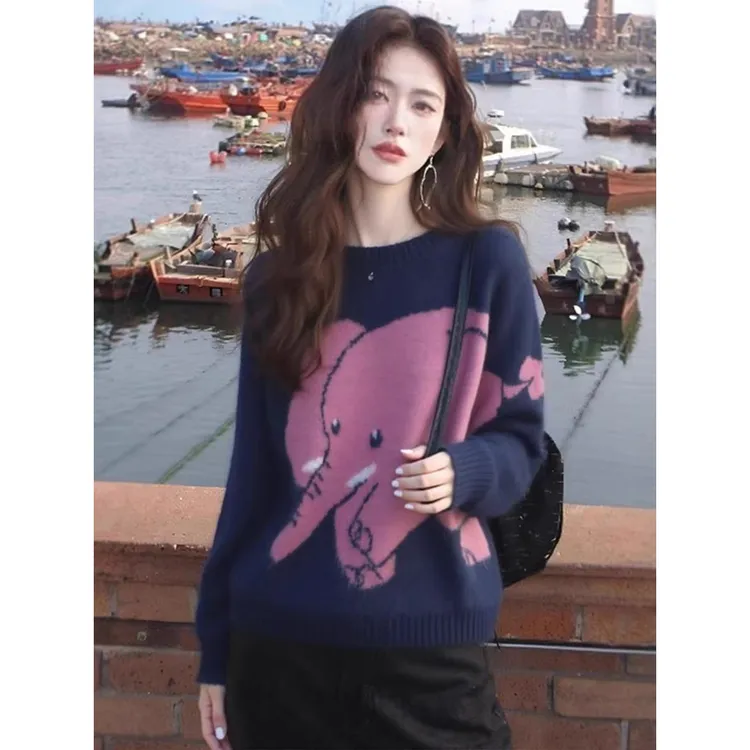 韩系氛围感穿搭上衣小众不撞款洋气减龄软糯慵懒风蓝色大象毛衣秋