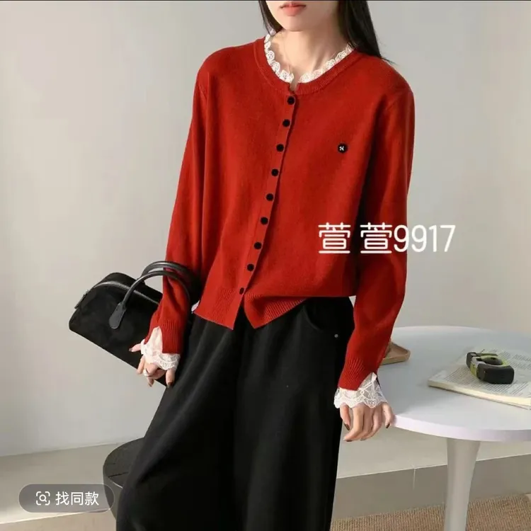 9917新年款蕾丝拼接小香风圆领针织开衫（衣长58左右）