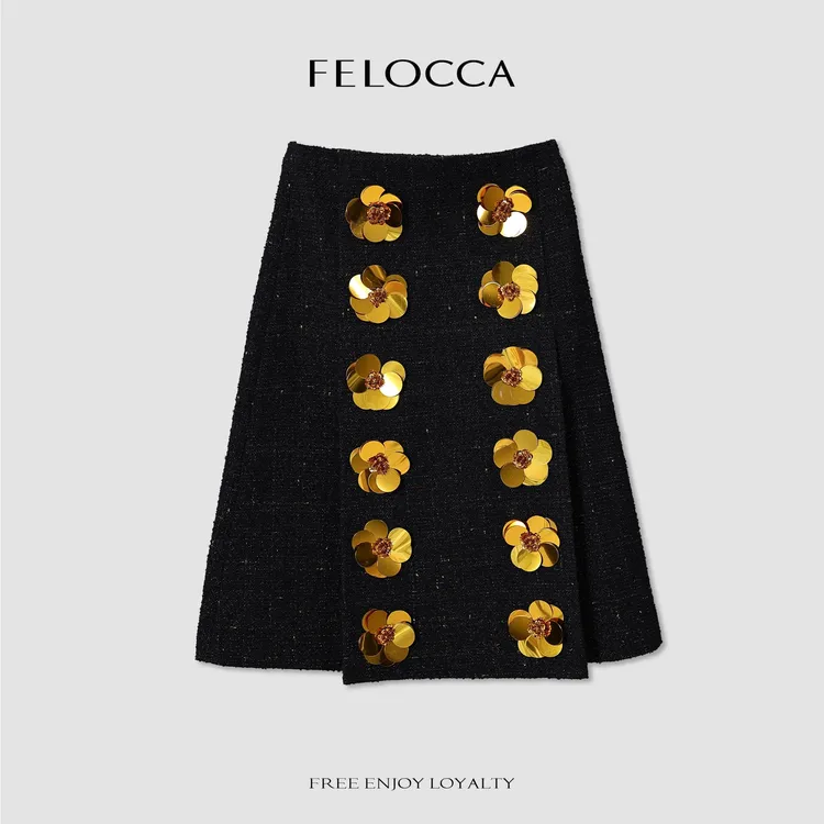 【FELOCCA】法式小香风通勤过膝亮片花朵包臀半身裙25SBQ028