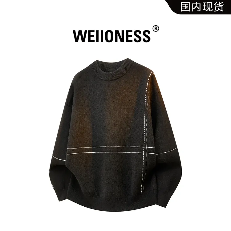 WEIIONESS圆领针织毛衣男冬季新款简约条纹设计感上衣高级感男装