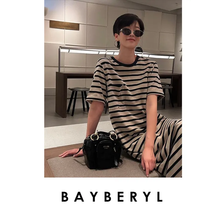 BAYBERYL老贝等高线*口袋拼色条纹宽松圆领夏连衣裙DR5E1421