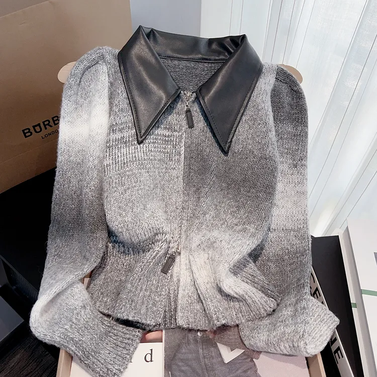 法式小香风渐变色短款毛衣小众女装秋冬2025新款POLO领毛针织衫女