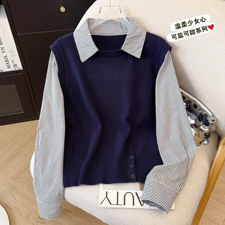 2025早秋新款针织马甲叠穿条纹长袖衬衫女减龄收腰设计假两件上衣