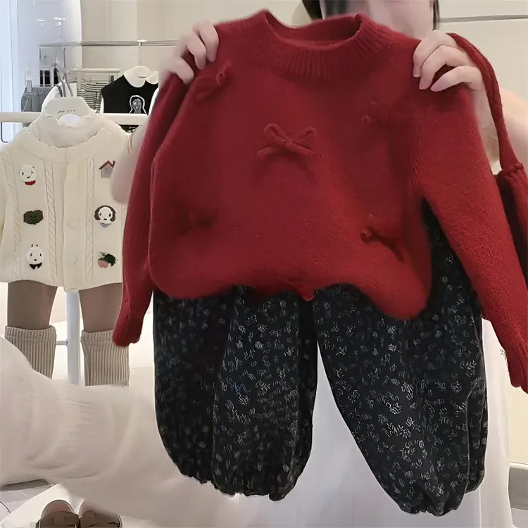 菜包女童毛衣春秋新款宝宝红色甜美结针织套头儿童时髦可爱服潮流