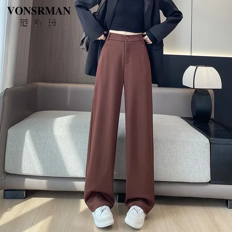 毛呢窄版阔腿裤女秋冬2025新款高腰垂感加厚直筒西装裤子显瘦宽松