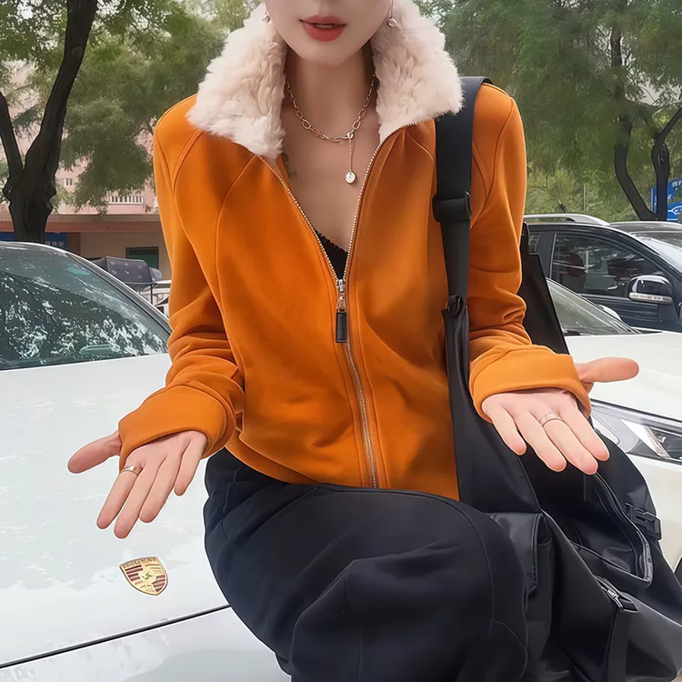 法式秋冬时尚巨好看毛领拉链卫衣女新款流行时尚百搭橘色减龄上衣