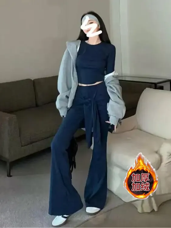 辣妹修身显瘦设计感上衣加绒套装韩系假两件绑带裤子两件套