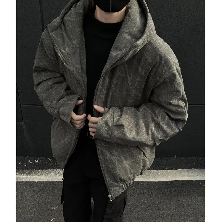 灯芯绒连帽高领防风设计加厚棉衣飞行员扎染美式潮牌外套