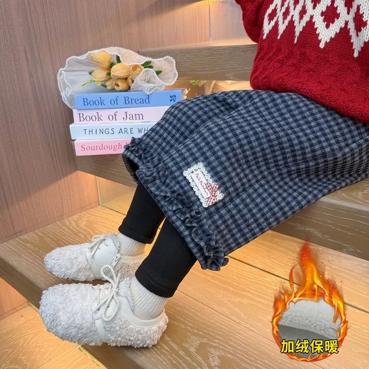 女童加绒格子裤子秋冬款儿童一体绒加厚休闲裤女宝宝假两件直筒裤