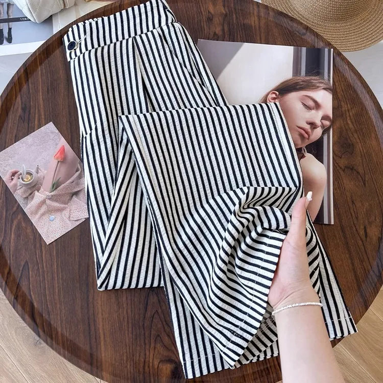 黑白条纹阔腿裤女春夏薄款2025新款高腰小个子防晒凉凉窄版直筒裤