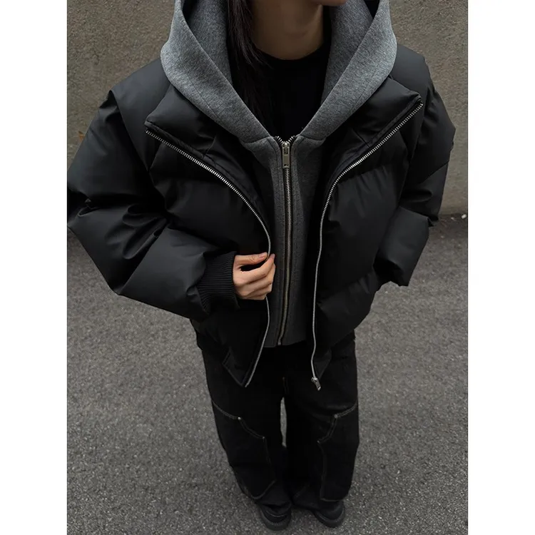 QIUYIDAODI假两件重磅连帽棉衣保暖短款冬季夹棉加厚棉服廓形棉袄商品图