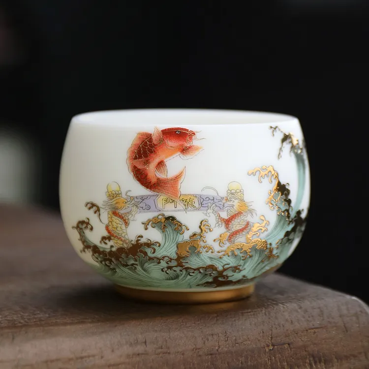 《鱼跃龙门》专用手工描金品茗杯主人杯客杯高档茶具德化白瓷茶杯