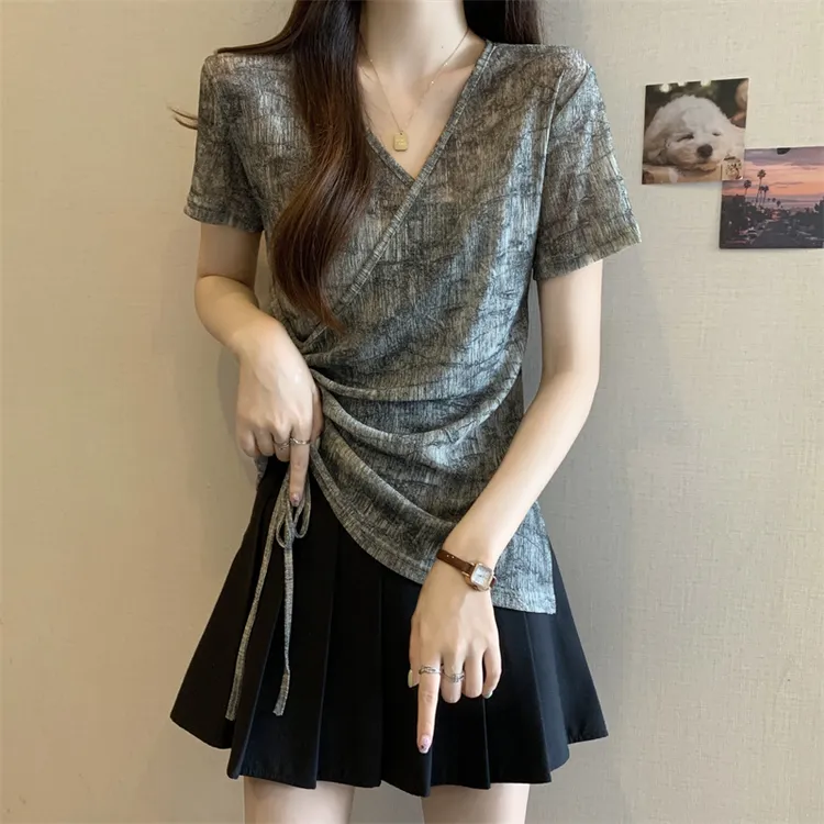 大码不规则交叉抽绳V领短袖t恤女夏季胖MM修身显瘦遮肚打底衫上衣
