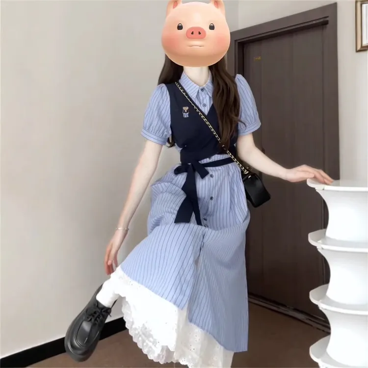 挂脖式夏日韩版学院风修身衬衫连衣裙叠穿休闲绑带收腰舒适针织衫