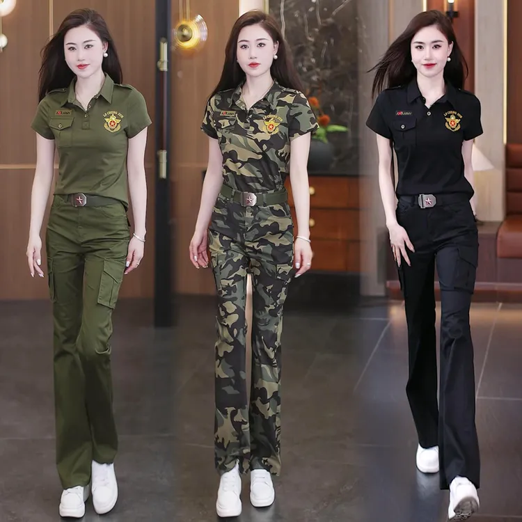 新款短袖喇叭裤套装修身显瘦工装T恤薄款时尚迷彩服POLO领水兵舞