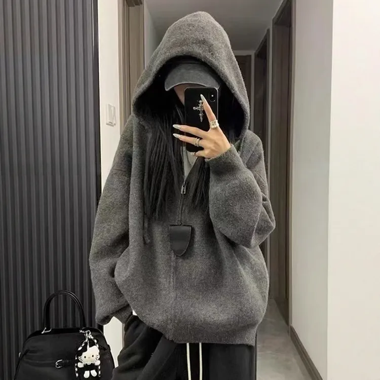 慵懒老钱风灰色拉链连帽毛衣外套女秋冬季软仿浣熊绒针织卫衣开衫