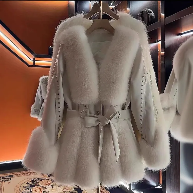 海宁狐狸毛皮草外套女冬季新款年轻款皮毛一体大衣皮服中长款洋气
