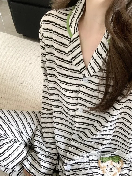 开衫睡衣女新款春秋季长袖长裤条纹休闲宽松家居服套装可爱小熊