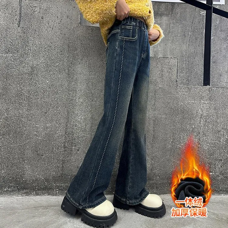 女童牛仔裤秋冬款2025新款洋气喇叭裤儿童小女孩冬季加绒加厚裤子