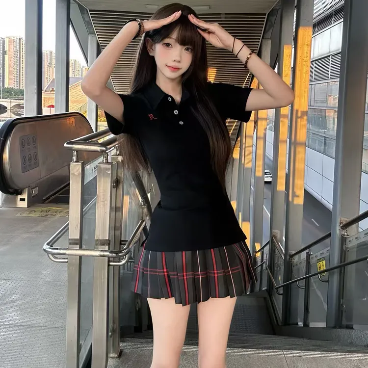 川町香JK原创POLO衫制服校供百搭夏季新品学院风收腰刺绣衬衫女