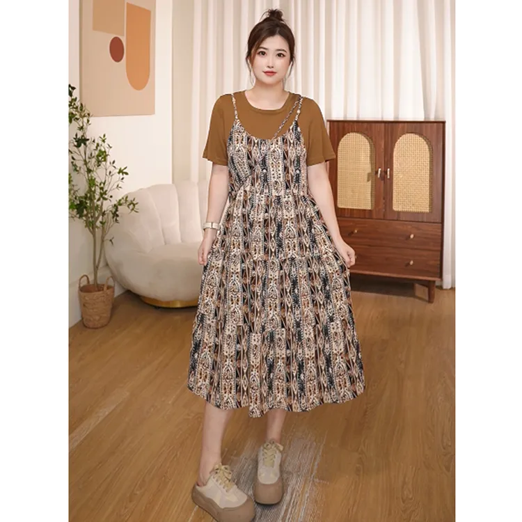 《哆啦》雪纺碎花吊带假俩件咖啡色大码微胖穿搭胖妹妹连衣裙525517