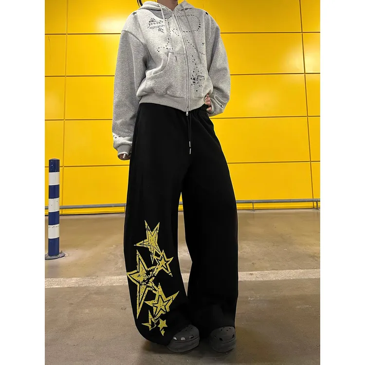 Musini美式街头印花阔腿卫裤男女同款宽松休闲裤百搭显瘦拖地裤潮