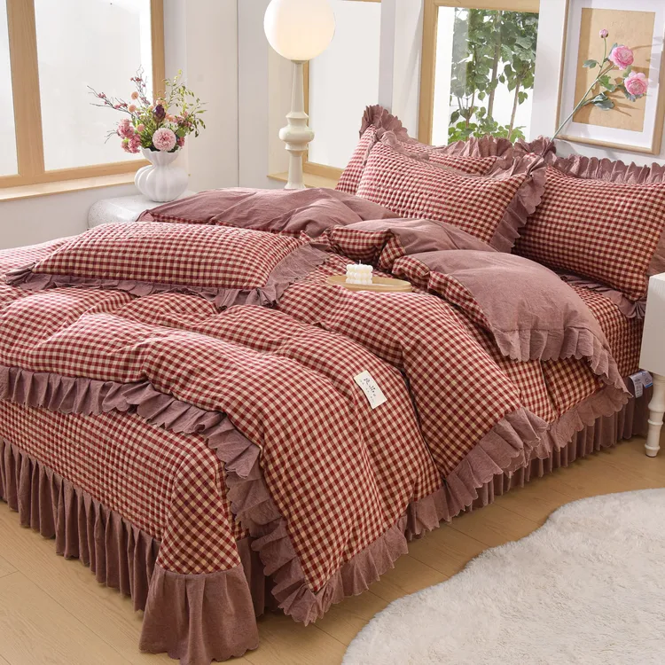秋冬款加厚水洗棉纱被套床盖四件套宿舍三件套四季款花边防滑床品