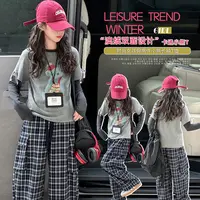 女童春秋款小熊印花假两件长袖中大童女孩洋气时尚亲子休闲穿搭潮