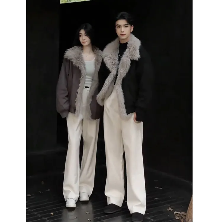 座山雕皮毛一体棉衣外套男女冬季加厚毛领设计感夹克保暖情侣棉服