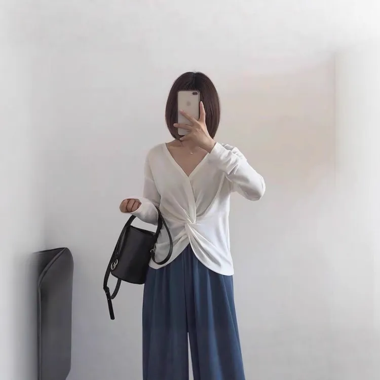（晓凌制衣）韩系休闲交叉女长袖V领T恤宽松显瘦纯欲风辣妹女上衣