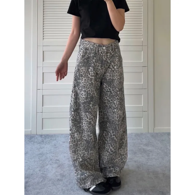 新款水洗白色弯刀豹纹裤男女秋季百搭休闲复古阔腿长裤