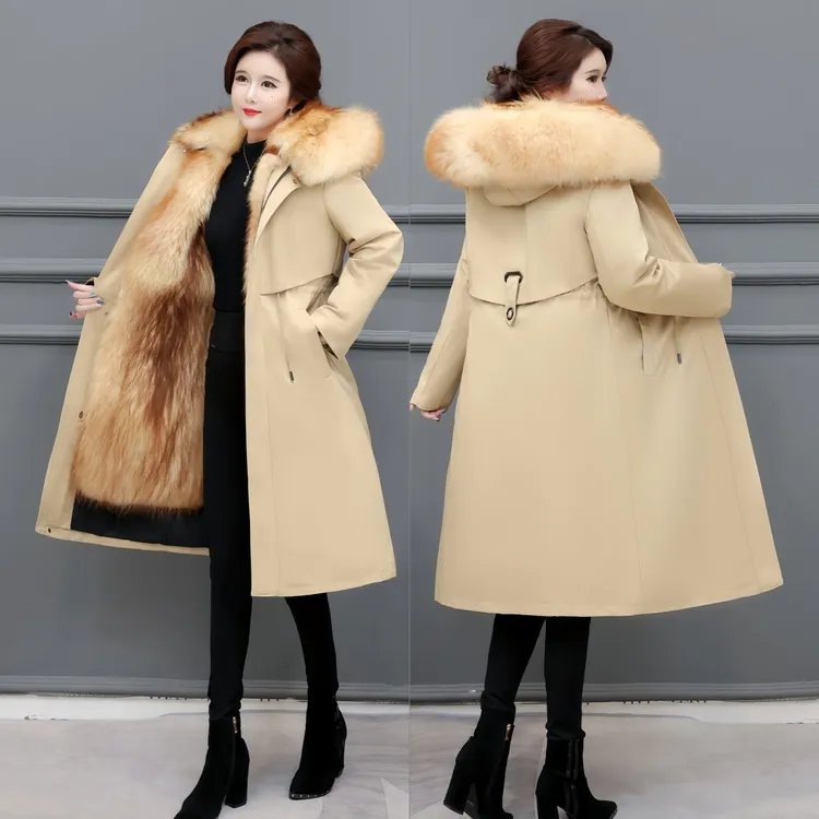 派克服女2025冬季新款加绒加厚长款仿狐狸毛棉服皮草外套连帽大衣