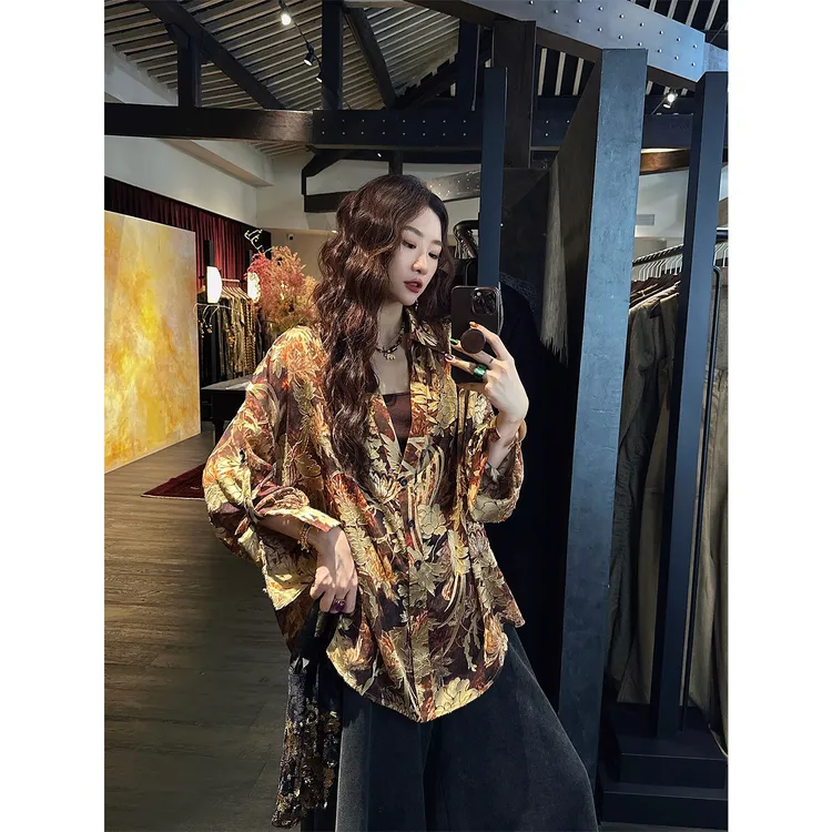 三吉黑花【花鸟时】人丝烧花织造清透感衬衫2025早秋上新女装小资