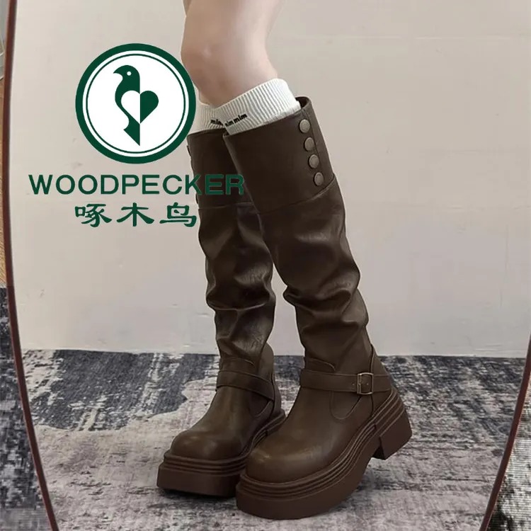 啄木鸟棕色复古英伦风粗跟厚底长筒靴女2025新款显瘦长靴骑士靴子