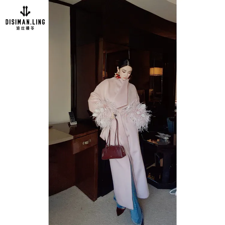 【迪丝嫚苓】绵羊毛粉色大衣气质时尚中长款百搭女士冬季时髦洋气感