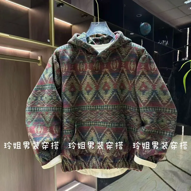 096新款民族风提花休闲运动男秋冬款重磅连帽卫衣高级感穿搭