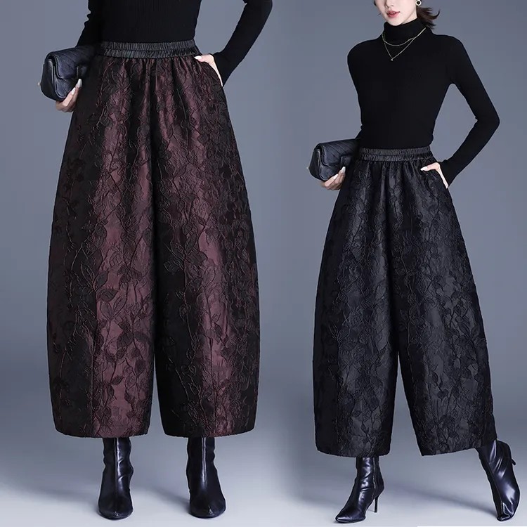 高腰提花九分阔腿裤女春秋冬新款妈妈加厚裤子休闲直筒夹棉花苞裤