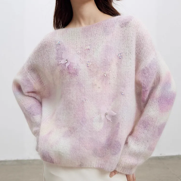 【蝴蝶印记】印染马海毛一字领针织衫女罩衫2025冬季新款宽松毛衣