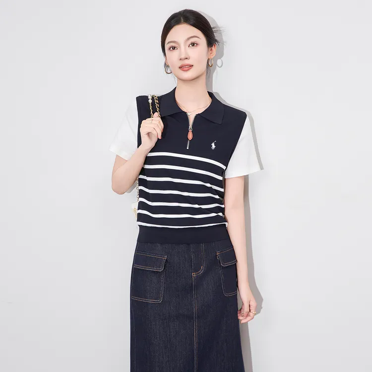 2510407-通勤16针立体密织超细冰丝纱条纹设计感拼接针织T恤女夏