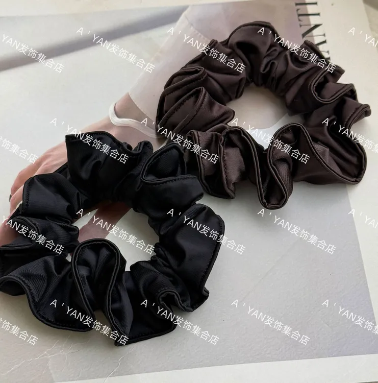 韩系高级感缎面木耳边小肠发圈法式简约黑色低丸子头发绳发饰A128