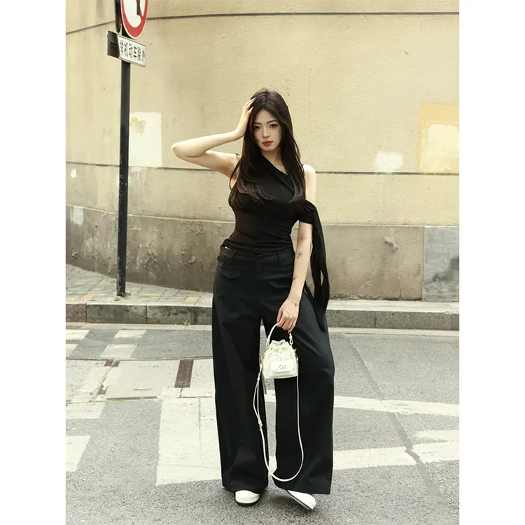 洋气套装斜肩飘带时尚气质设计感收腰T恤上衣百搭休闲直筒长裤女