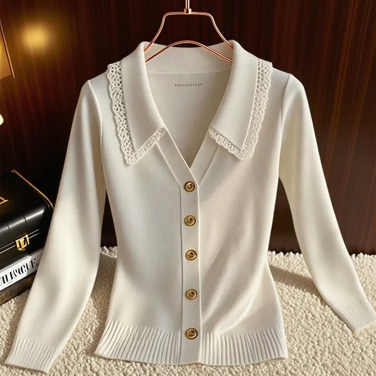 纯欲慵懒风女蕾丝花边针织衫秋季2025新款高级感轻熟洋气长袖上衣