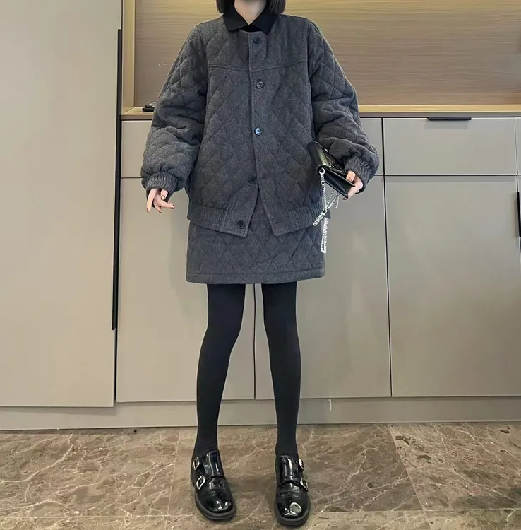 米可/MK-3252YF【菱格羽绒外套+半裙套装】时尚冬季新款两件套